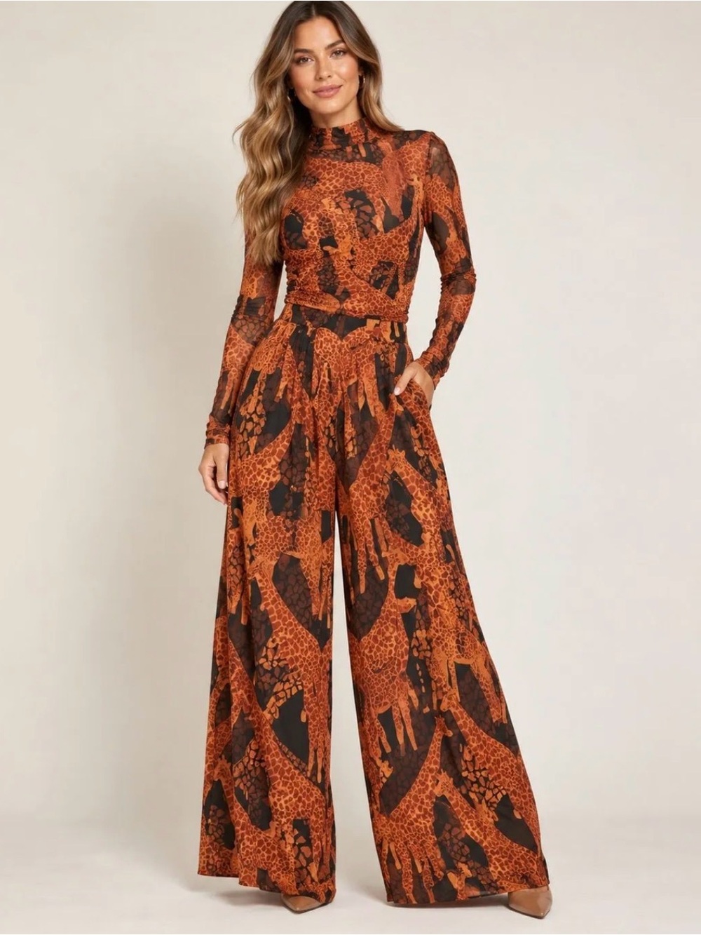 FARM Rio Burnt Orange and Black Wide-Leg Printed Jumpsuit